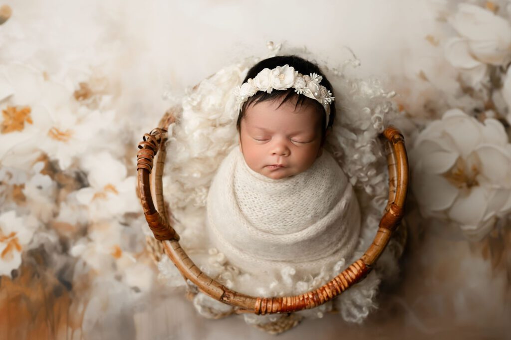 Baby Girl Sleeping In A Basket, Wrapped In A Cream Knit Blanket With A Floral Headband – Dallas Photography Session
