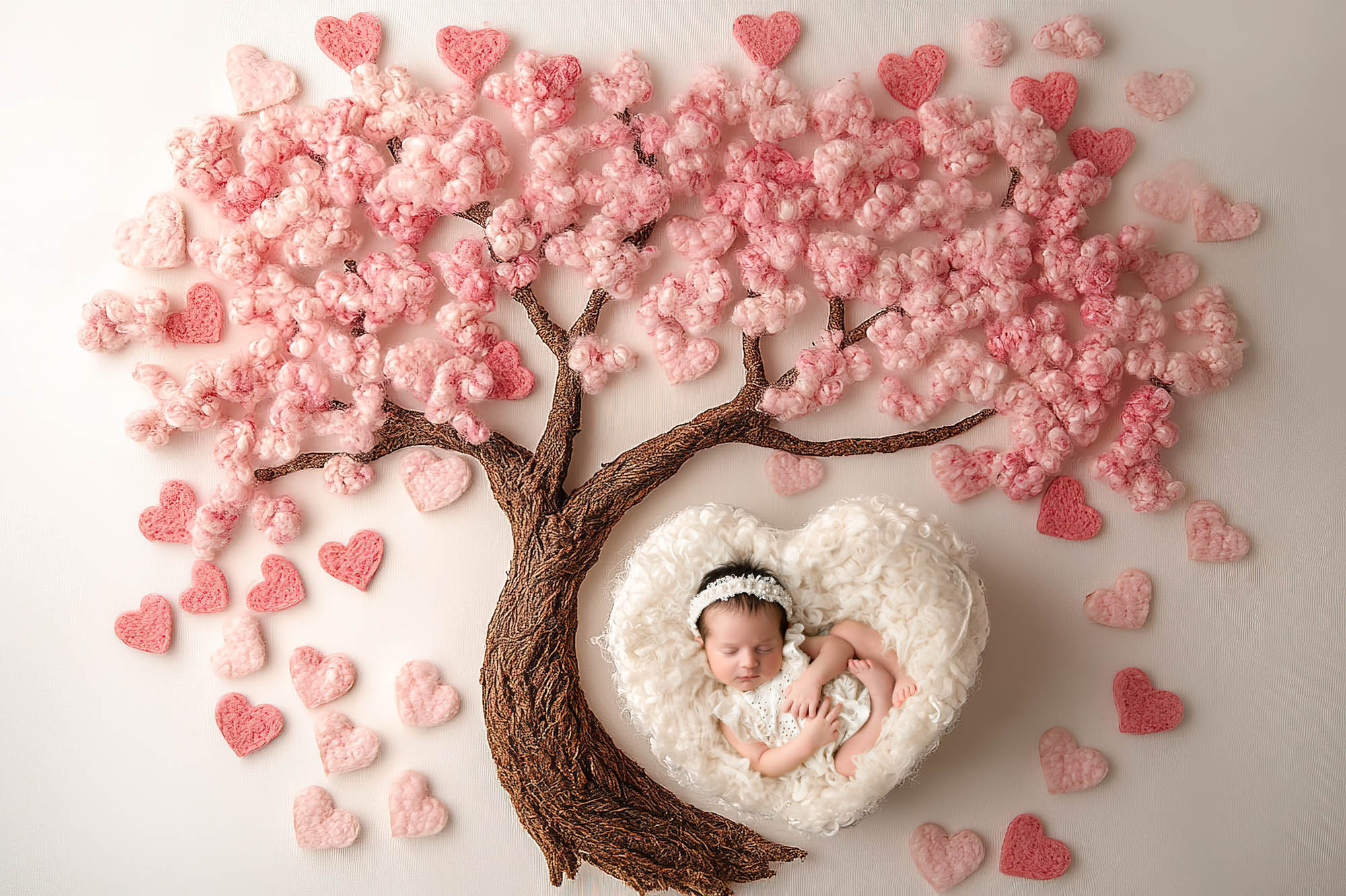 Newborn baby girl peacefully sleeping in a heart-shaped blanket nest beneath a pink cherry blossom tree design – Dallas newborn photography