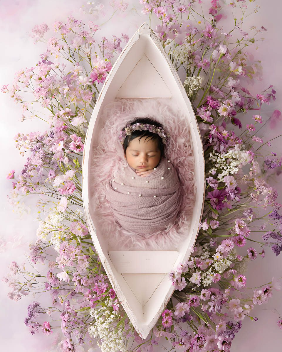 Newborn baby girl in floral boat setup with pink flowers by Dallas newborn photographer Lily Hayes