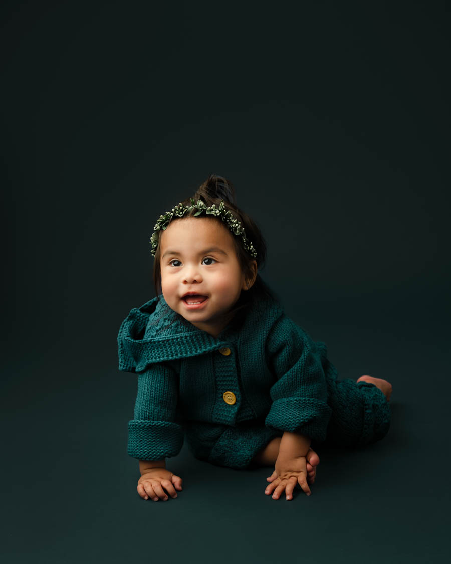 Baby Milestone Photography Dallas Crawling Baby Girl Studio Portrait Green Outfit