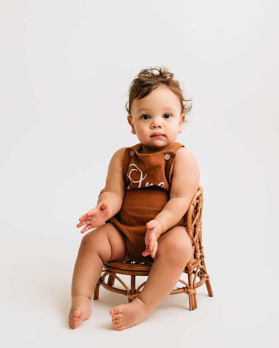 Baby Milestone Photography Dallas Sitting Baby Neutral White Studio Chair Portrait