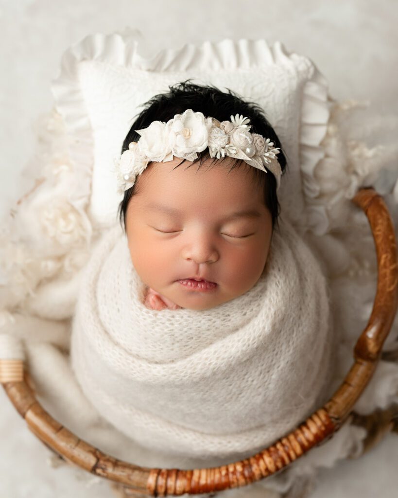 Baby Photography Props For Timeless Newborn Portraits 17 Dfw Newborn Photography Baby Wrapped In Neutral Tones With Floral Headband Studio Portrait