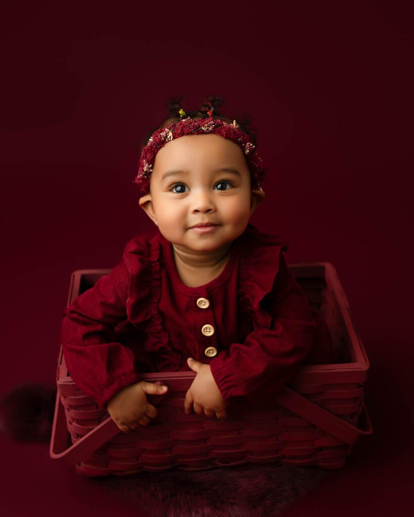 Dallas Baby Photographer Red Studio Portrait Baby Girl Floral Headband