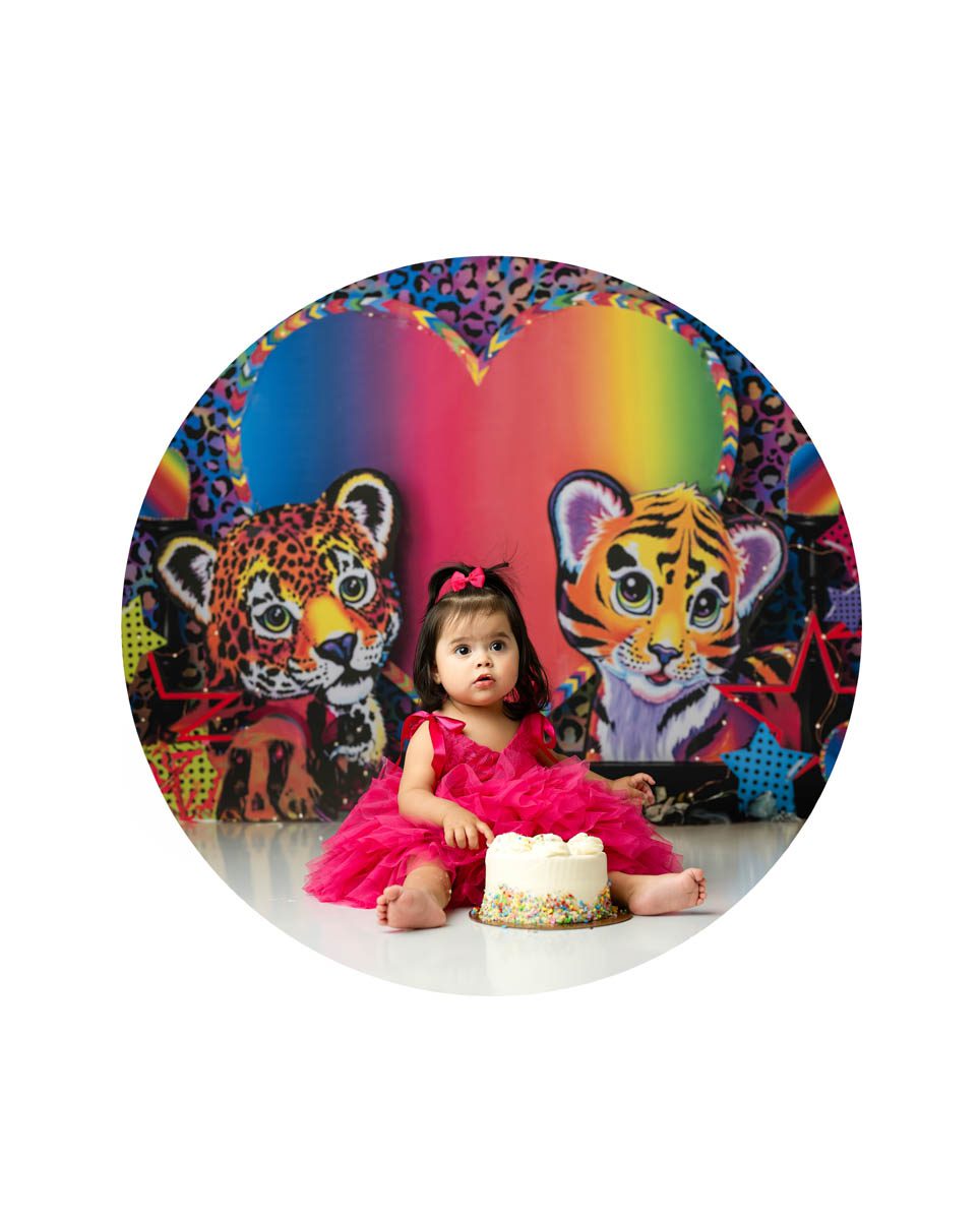 Dallas cake smash photography rainbow theme baby girl colorful first birthday session