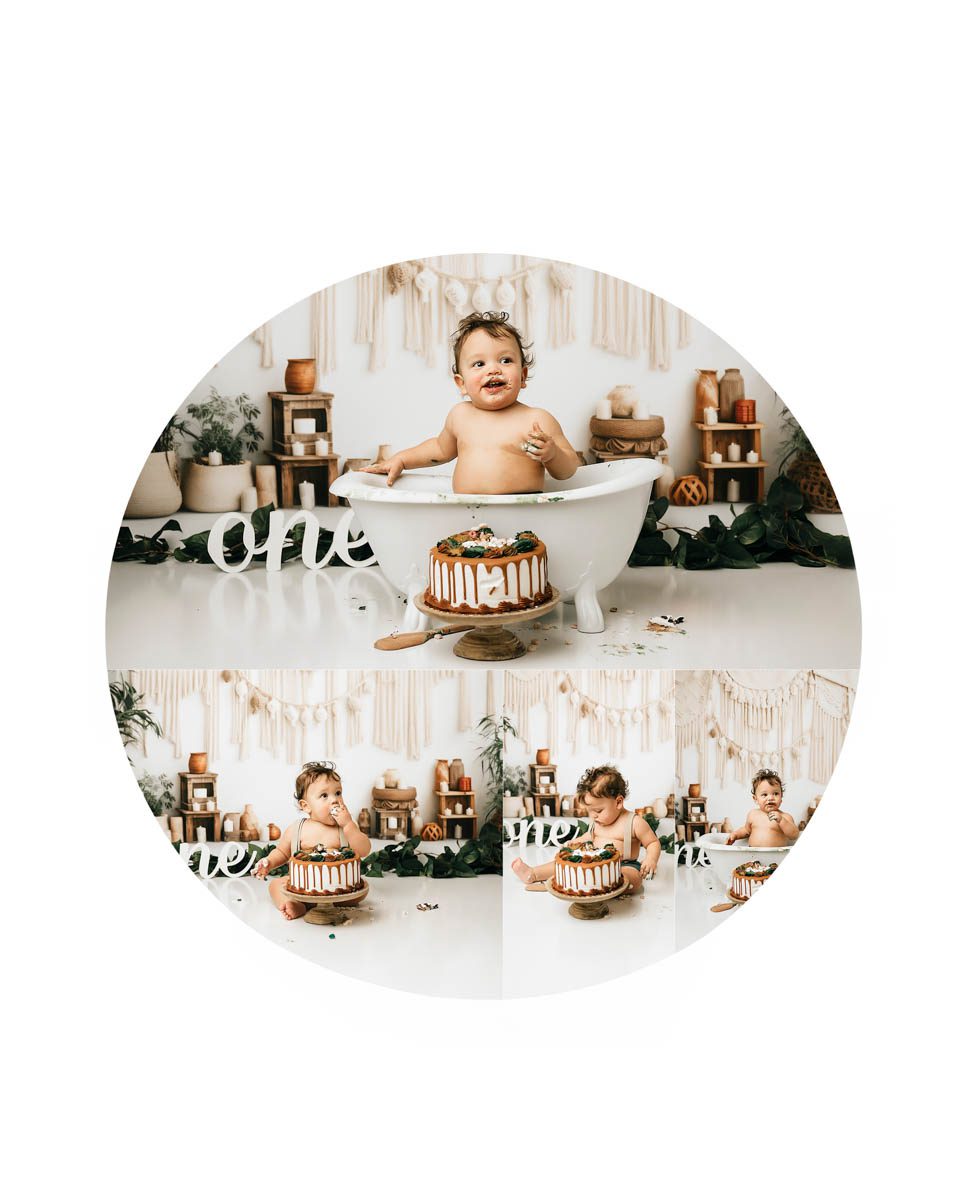 Dallas cake smash photography neutral baby milestone session with milk bath
