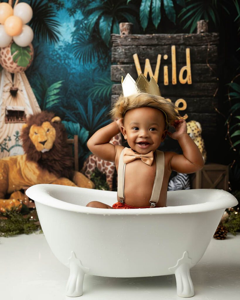 Jungle Cake Smash Bath Session For First Birthday Photography In Dallas