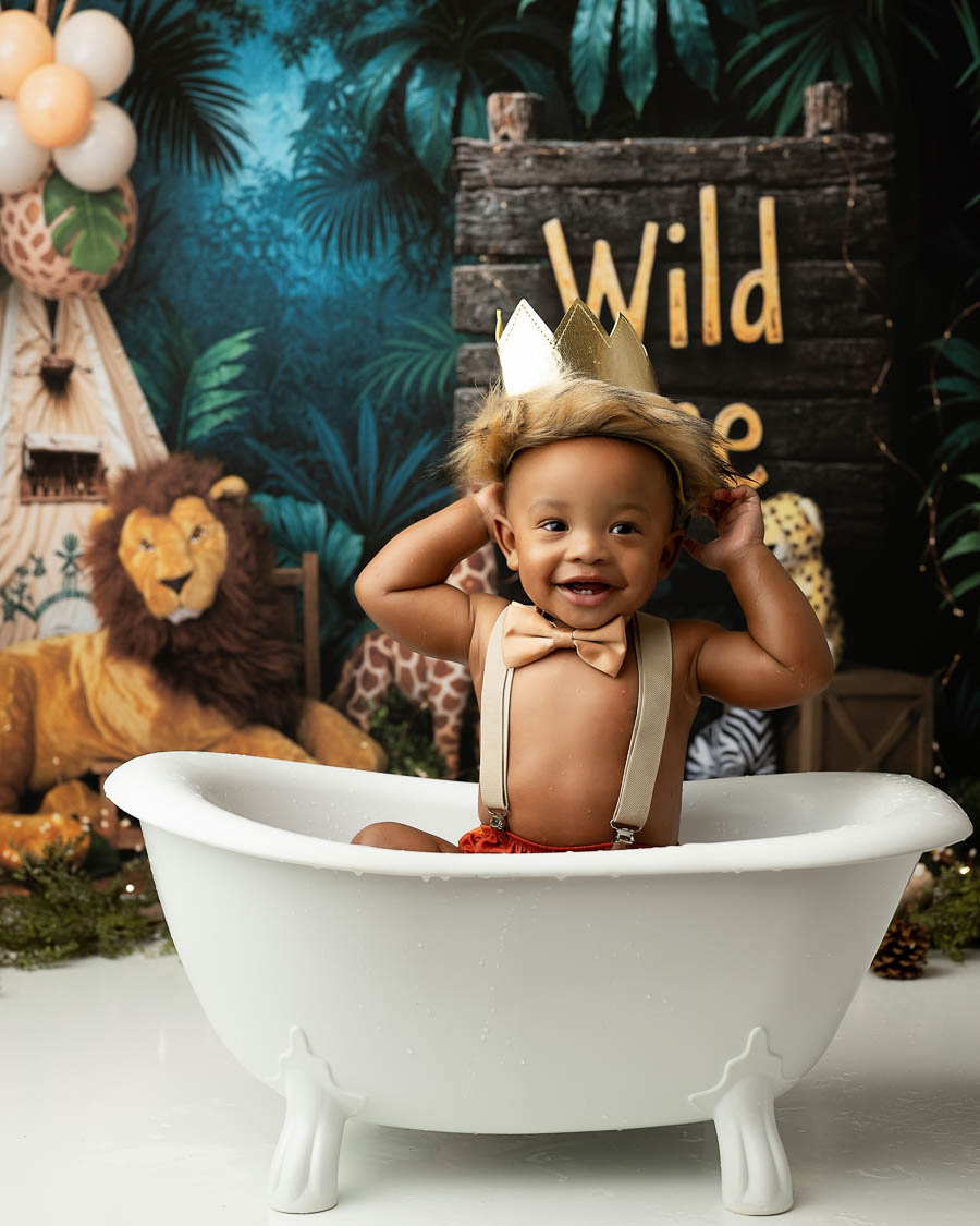 Jungle Cake Smash Bath Session For First Birthday Photography In Dallas