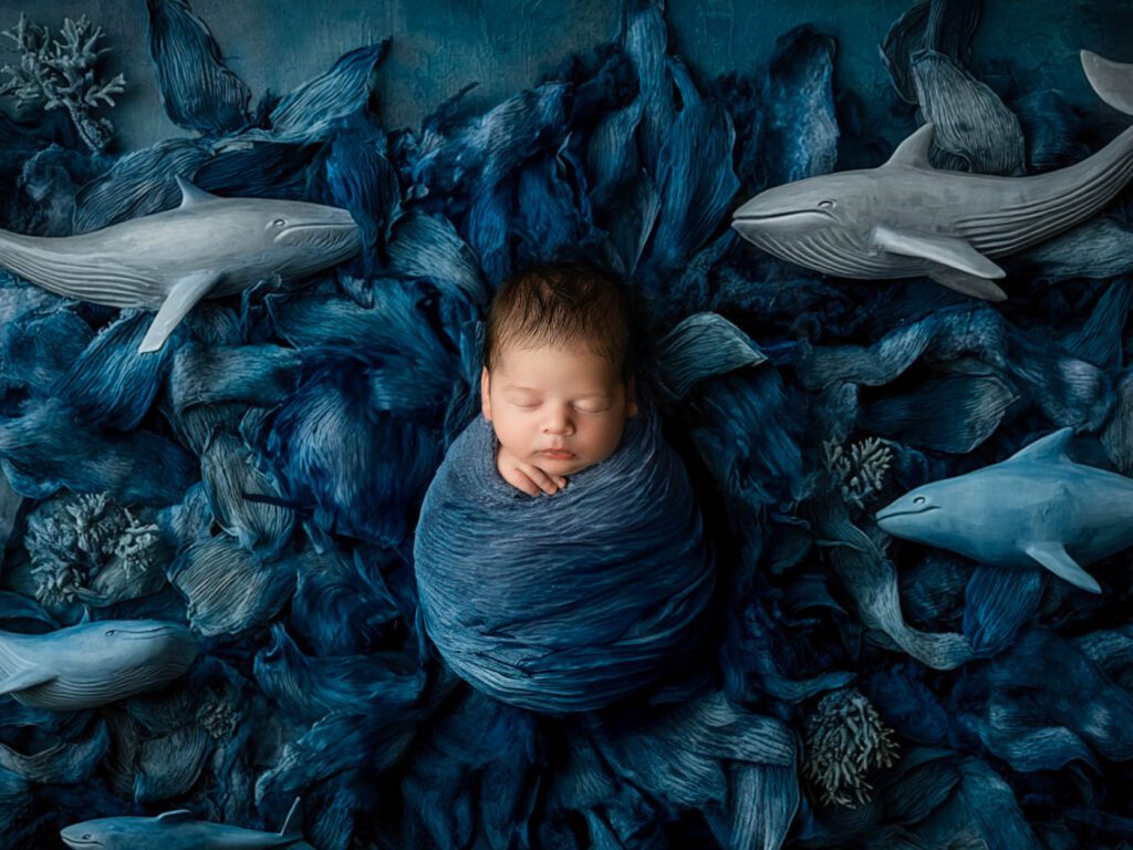 Sleeping Newborn Wrapped In Blue Fabric Surrounded By Handcrafted Whales During A Dallas Studio Newborn Photography Session.