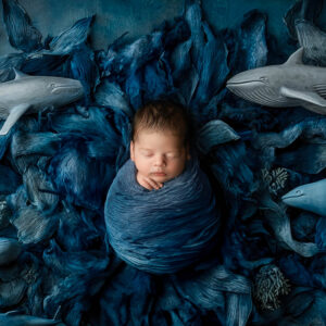 Sleeping newborn wrapped in blue fabric surrounded by handcrafted whales during a Dallas studio newborn photography session.