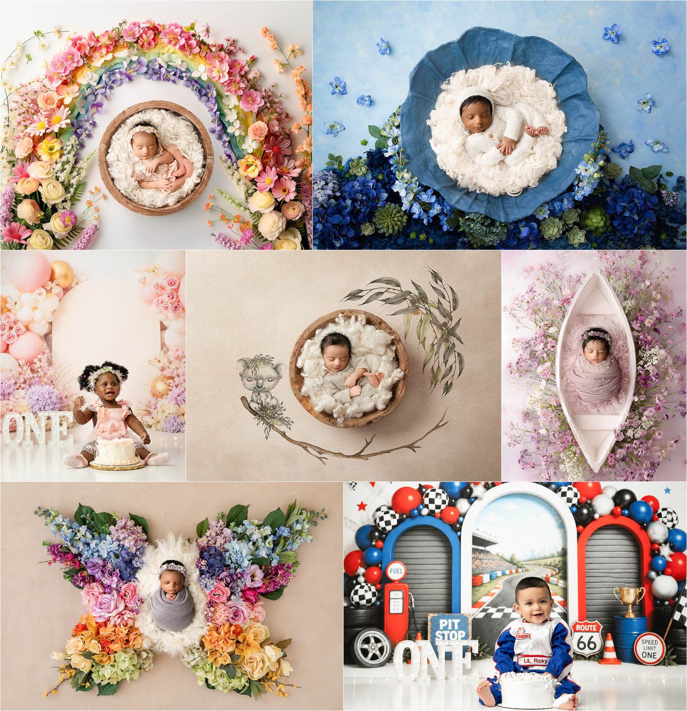 Collage featuring luxury newborn photography and cake smash photography by a Dallas newborn photographer, including fine art newborn portraits and first birthday sessions