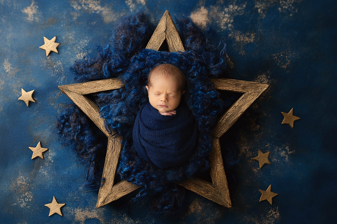 Dallas newborn photographer creating a fine art baby boy portrait with navy blue styling and star-themed newborn setup