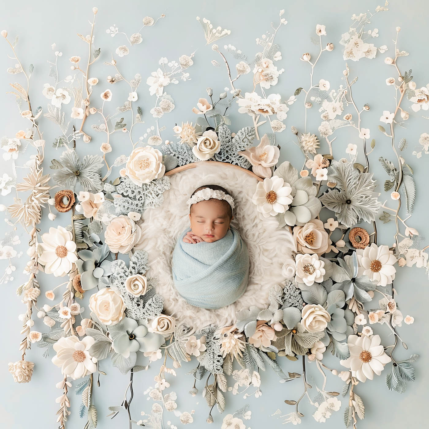 Luxury newborn photography in Dallas featuring a sleeping baby girl surrounded by handcrafted floral artwork in soft blue and ivory tones