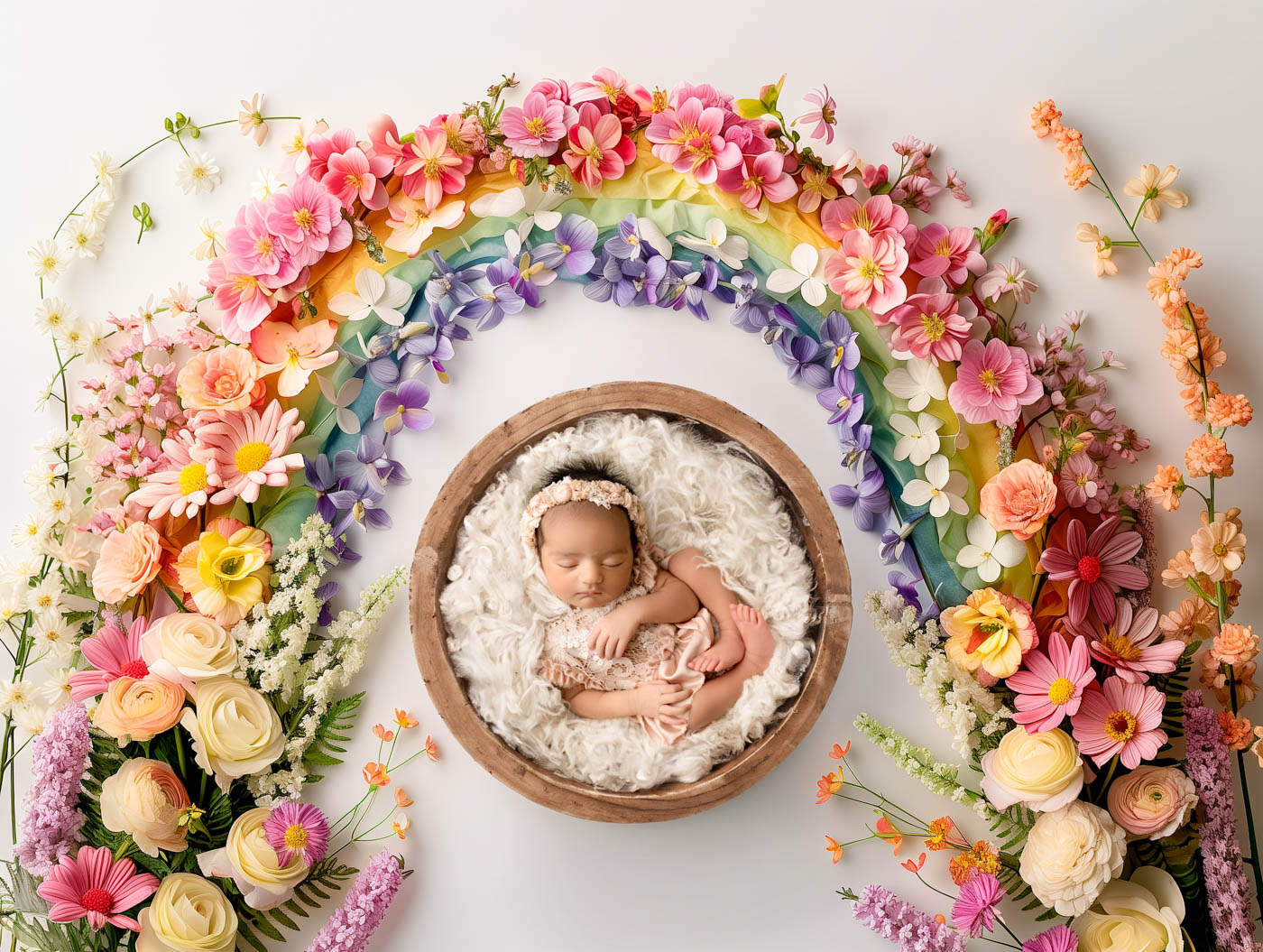 Newborn photos in Dallas featuring a sleeping baby girl surrounded by a colorful rainbow and floral artwork
