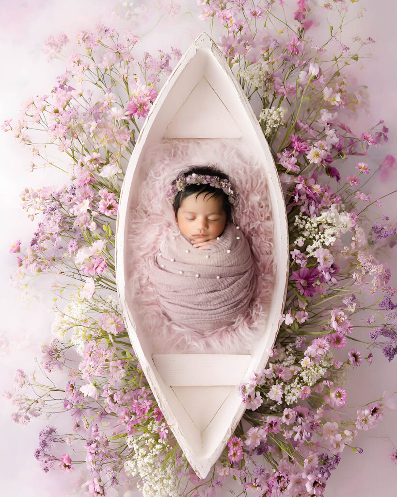 How To Choose A Newborn Photographer In Dallas | What Every Parent Should Know 14 Sleeping Newborn Wrapped In Soft Blush Fabric Inside A White Wooden Boat Surrounded By Pink Flowers During A Dfw Newborn Photography Session